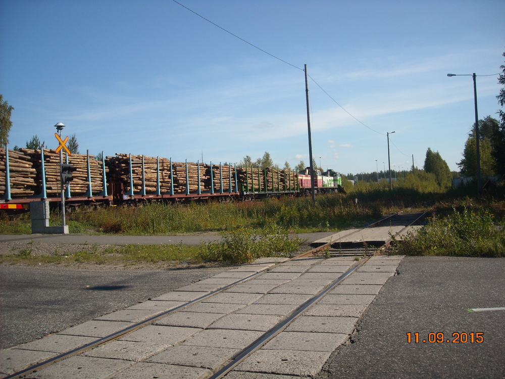 Ylämyllyn paluujuna Pilkossa 11.9.2015 #2
Ylämyllyn paluujuna ohittaa Lukkotehdas, Pilkko -nimistä tasoristeystä Wahlforsin kadulla Joensuussa. Etualan raide, Pilkon teollisuusraiteista Käpykankaan puoleinen, on jäänyt pois käytöstä ja aiemmin kaksiraiteinen tasoristeys on muuttunut yksiraiteiseksi varoituslaitoksen tämän puolen vaihdettua paikkaa. Raidetta pääsee selän taakse Lakan Betonille ja Kuusakoskelle, eteenpäin pääraiteelle ja Joensuun asemalle. Kuvaussuunnassa olevat haarat ovat jo tässä kohtaa kaikki katkenneet. Raide on sittemmin purettu.
Avainsanat: op_VR;jt_Tavarajuna;jt_Raakapuujuna;juna_Ylämyllyläinen;jyv_Dv12;jyv_Sp;jyv_Sps;infra_tasoristeys
