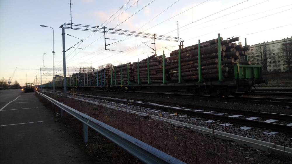 Raakapuuvaunuja Kotkan sataman ratapihalla 22.11.2018
Kotka Millsin tehtaalle matkalla olevia raakapuuvaunuja Kotkan satamassa. Paljon muuta tavaraliikennettä ei tuolla ennen niin vilkkaalla ratapihalla juuri näkynytkään. Ratapihan toisella laidalla ennen sijainnut tavara-asemakin on jo saanut siirtyä autuaammille rahdikäsittelymaille. Kantasataman liikenne on päättynyt kokonaan ja siirtynyt Mussalon ja Hietasen satamiin, joihin tavarajunaralli jatkuu vilkkaana.
Avainsanat: op_VR;jyv_Sp;jyv_Sps